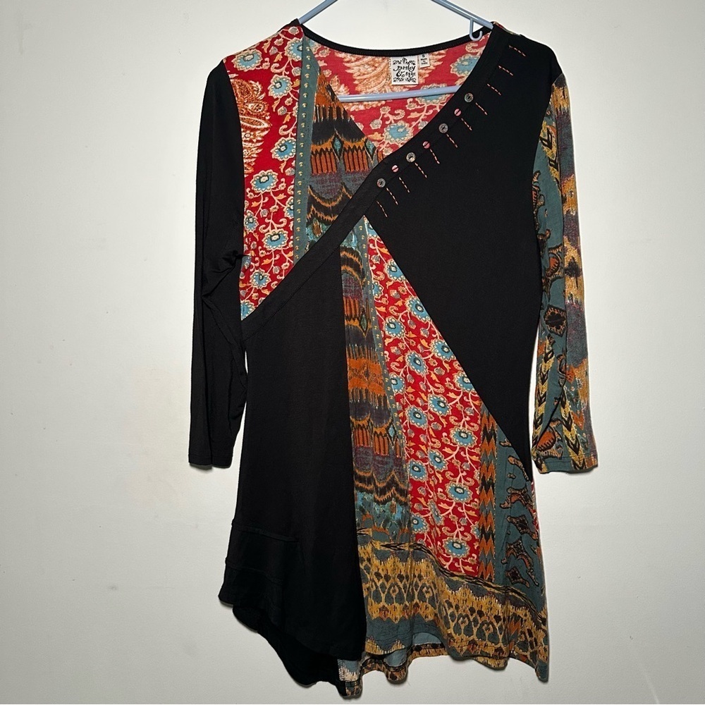 Parsley & Sage Asymmetrical Artsy Lagenlook Patchwork Textured Longline Tunic S - Picture 2 of 15